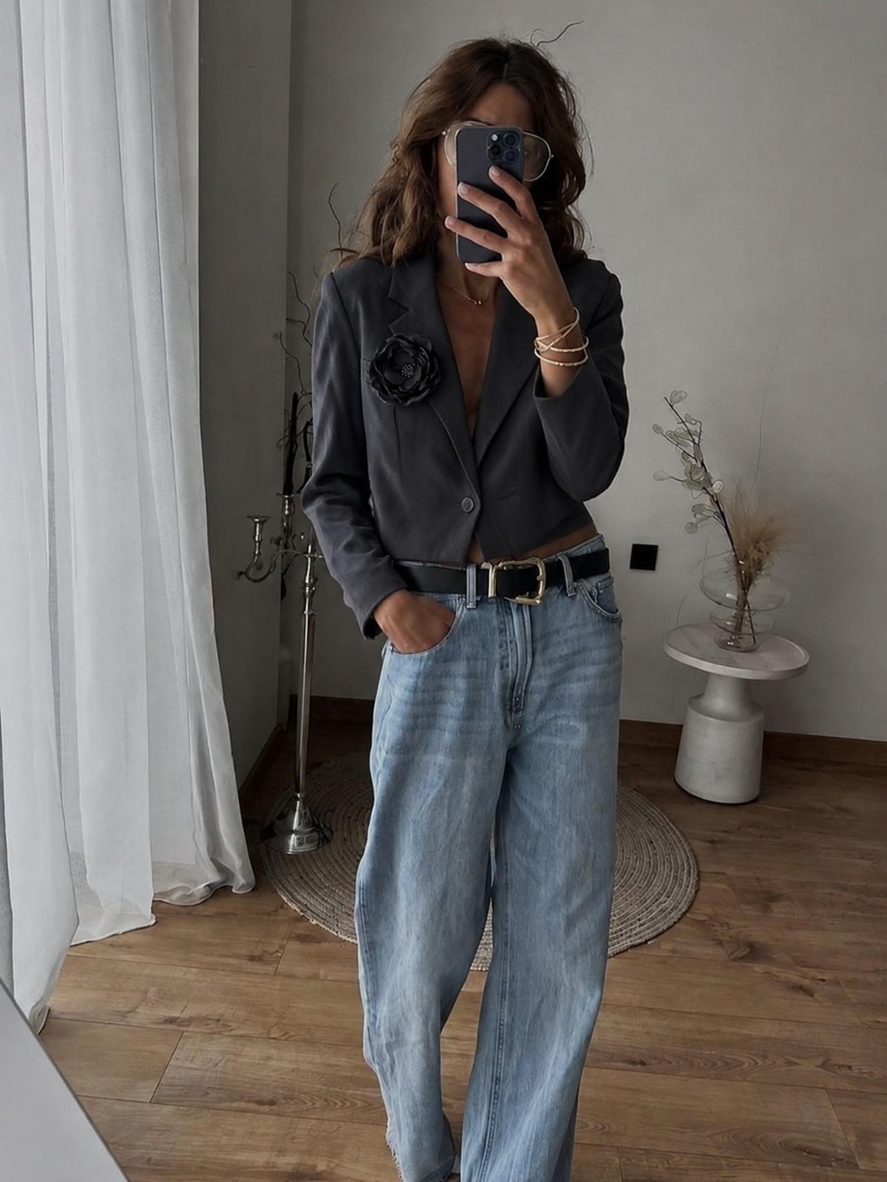 H&M Upcycled Cropped Blazer Handmade Rosette Charcoal Grey 34R OOAK